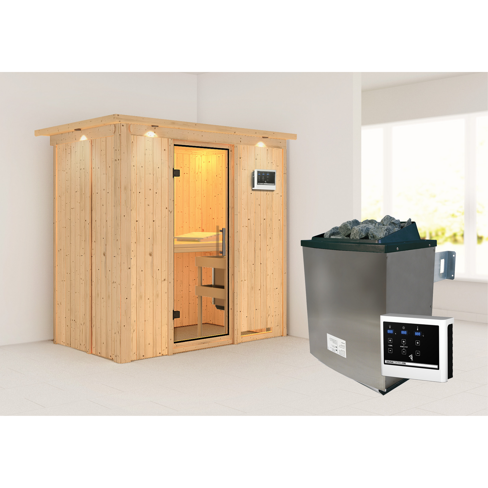 Elementsauna 'Aina' naturbelassen mit Kranz und Klarglastür 9 kW Ofen externe Steuerung easy 210 x 132 x 202 cm + product picture