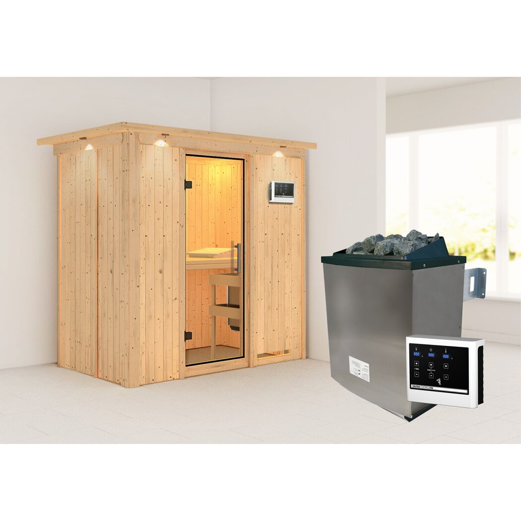 Sauna aus hellem Holz mit Saunaofen