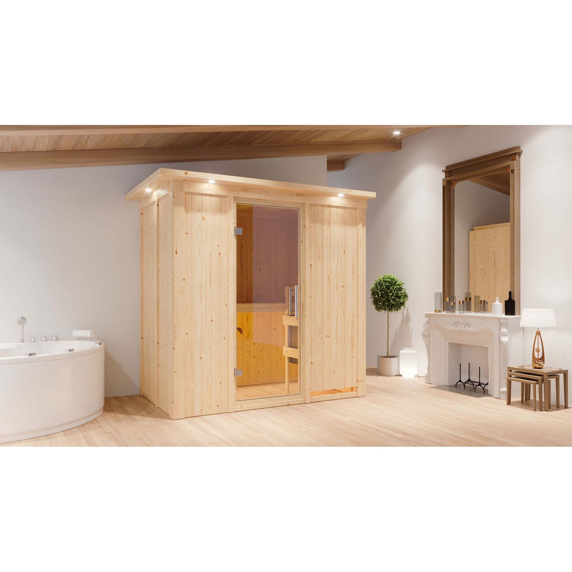Sauna aus hellem Holz in einem Badezimmer.