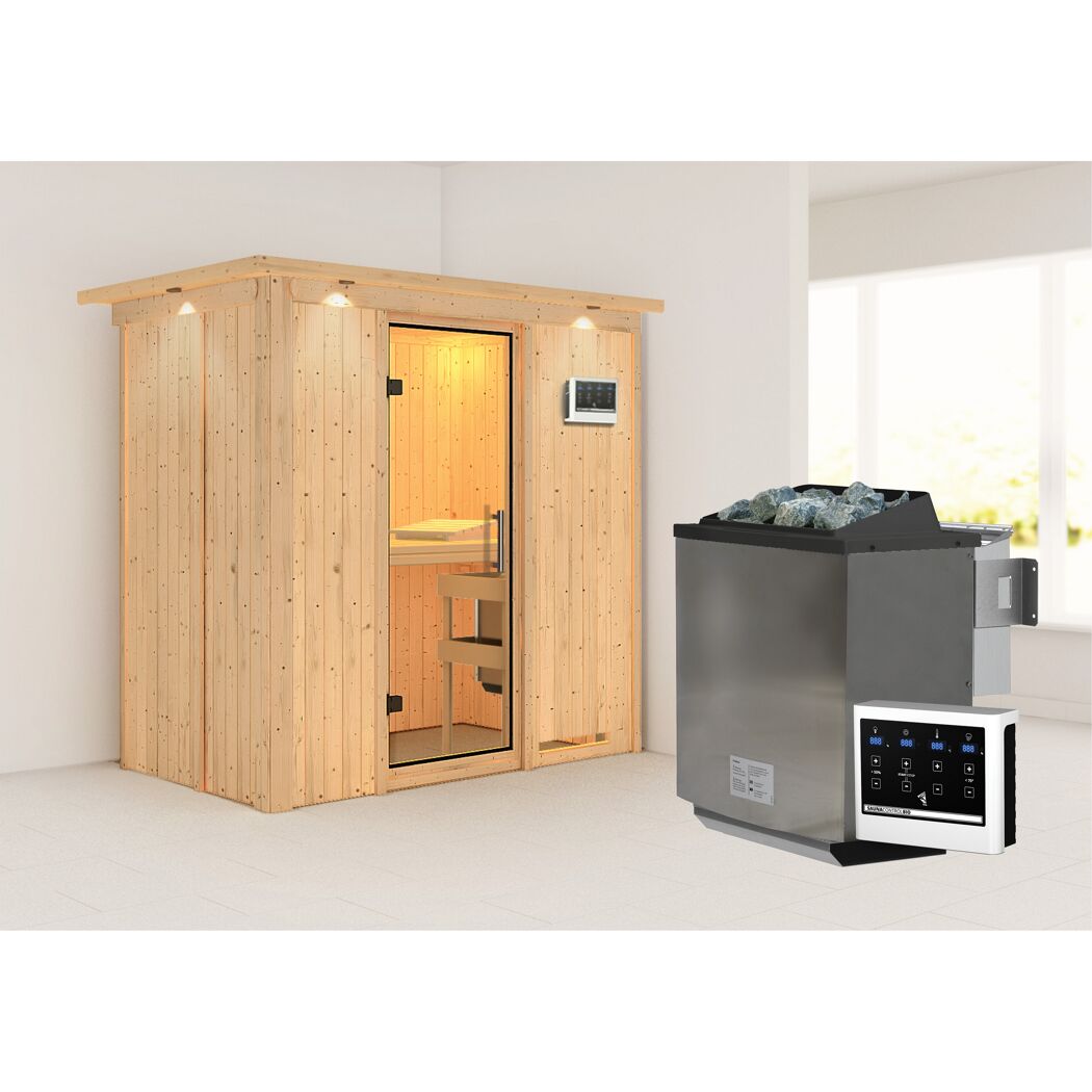 Sauna aus hellem Holz mit Saunaofen