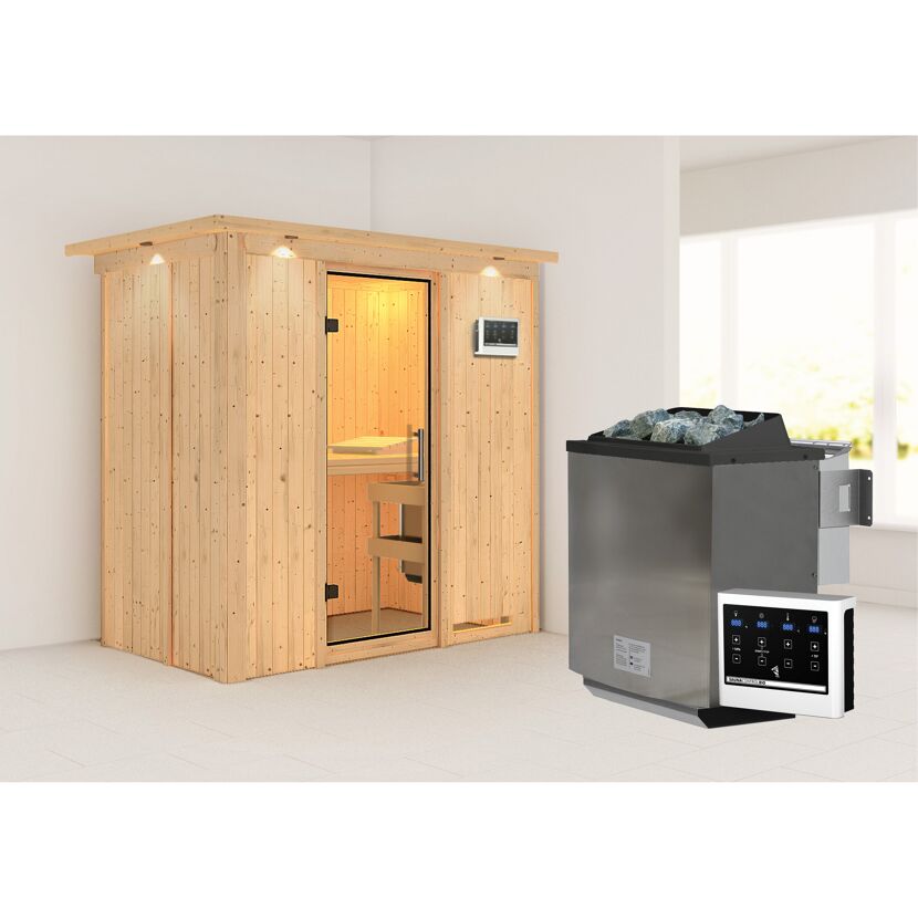 Sauna aus hellem Holz mit Saunaofen