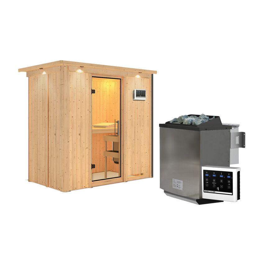 Außensauna aus Holz mit Saunaofen