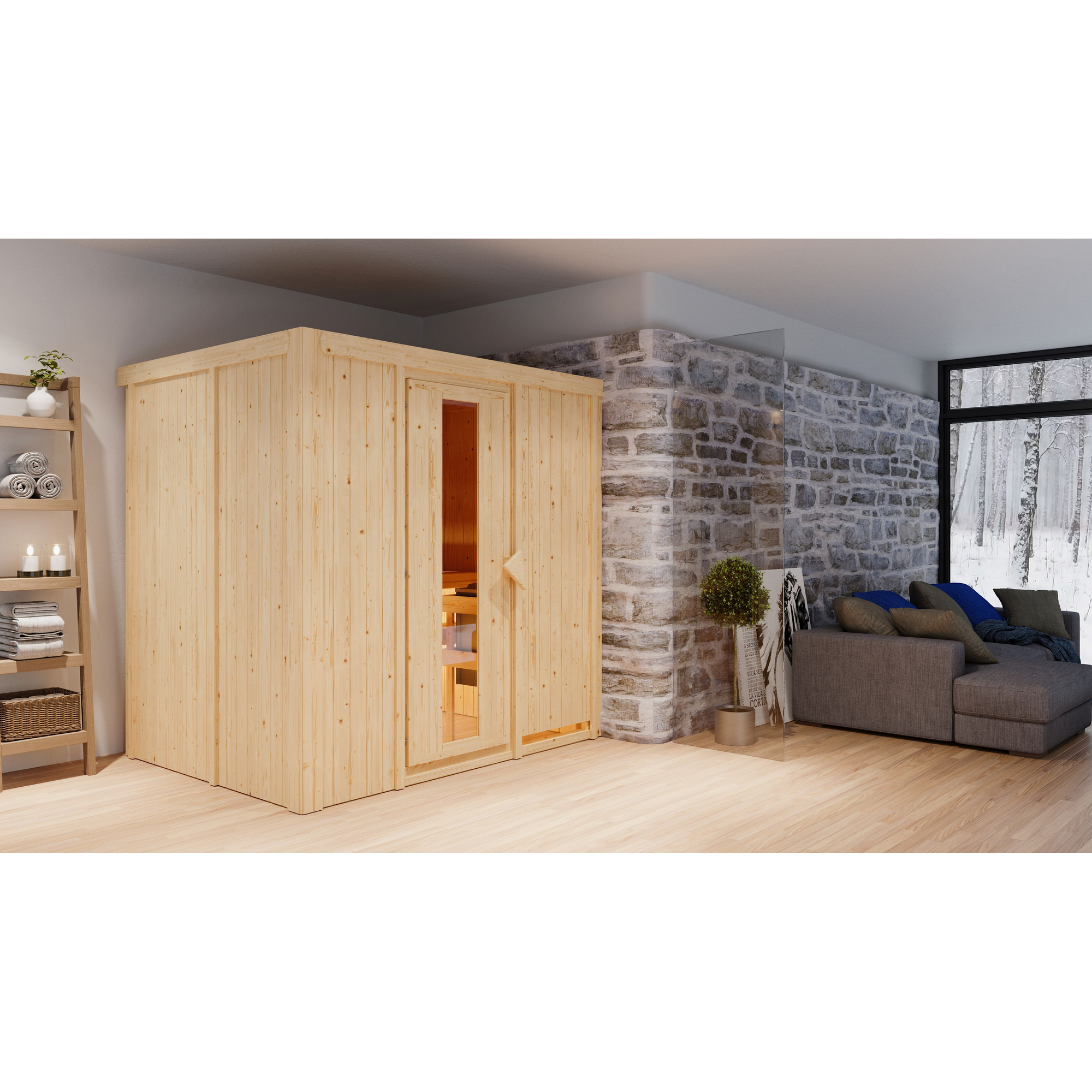 Elementsauna 'Aitana' naturbelassen mit Energiespartür 9 kW Ofen integrierte Steuerung 196 x 151 x 198 cm + product picture