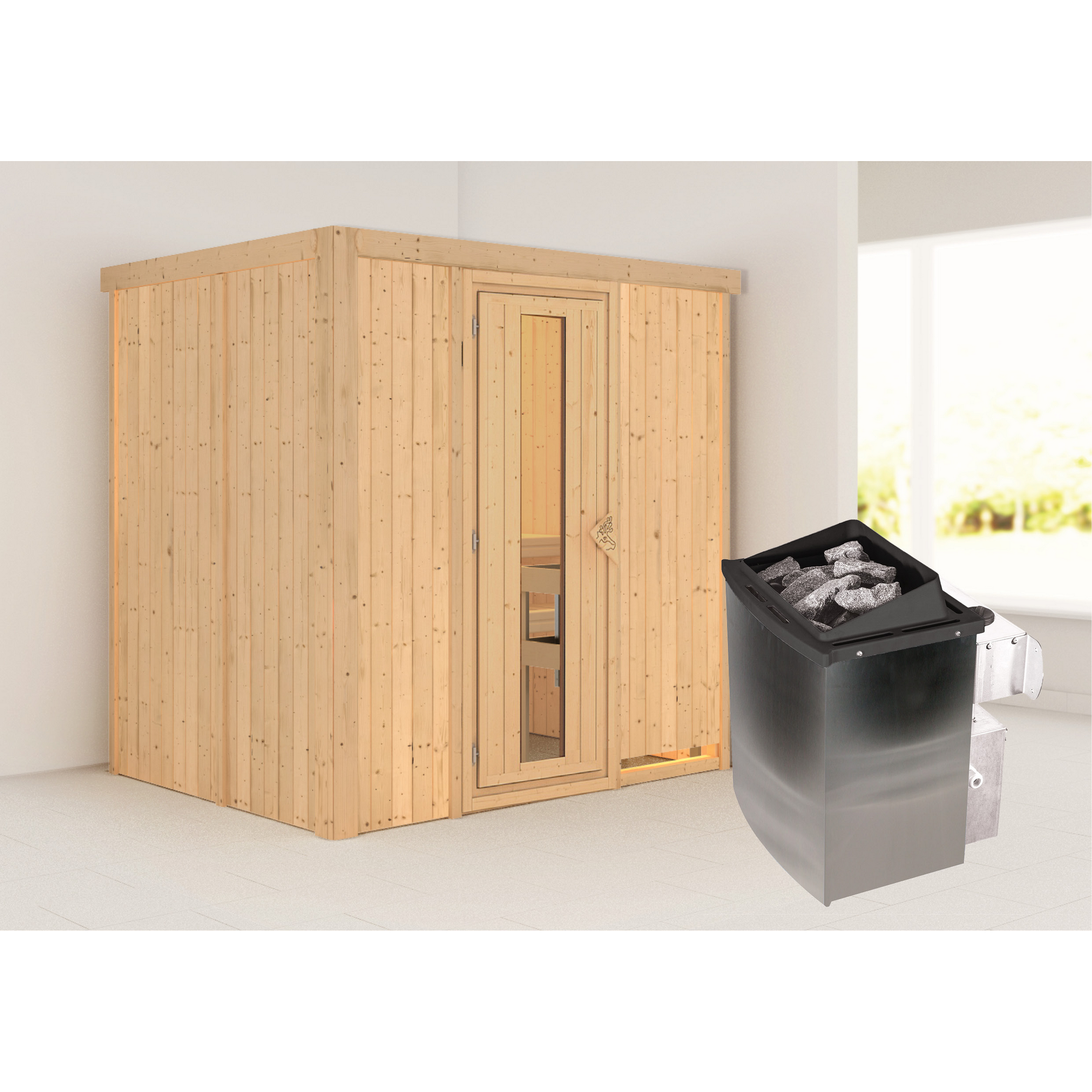 Elementsauna 'Aitana' naturbelassen mit Energiespartür 9 kW Ofen integrierte Steuerung 196 x 151 x 198 cm + product picture