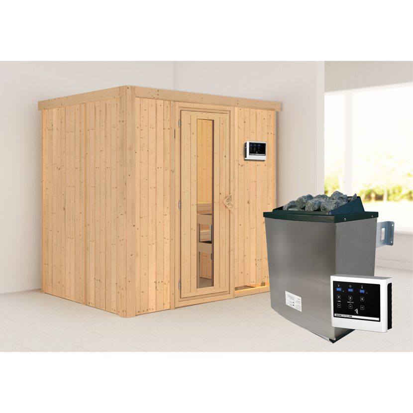 Elementsauna 'Aitana' naturbelassen mit Energiespartür 9 kW Ofen externe Steuerung Easy 196 x 151 x 198 cm