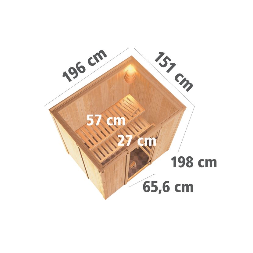 Elementsauna 'Aitana' naturbelassen mit Energiespartür 9 kW Ofen externe Steuerung Easy 196 x 151 x 198 cm