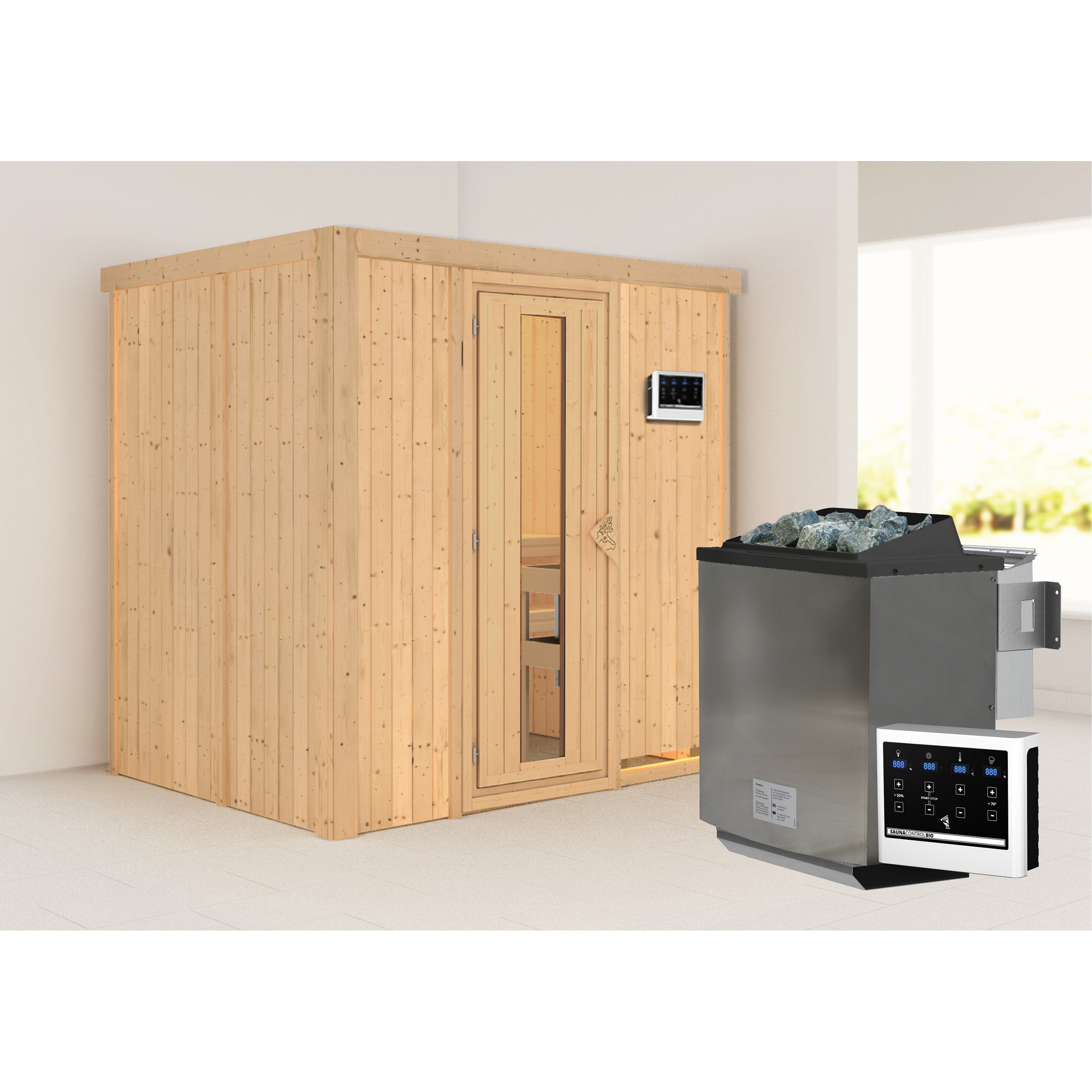 Elementsauna 'Aitana' naturbelassen mit Energiespartür 9 kW Bio-Ofen externe Steuerung Easy 196 x 151 x 198 cm