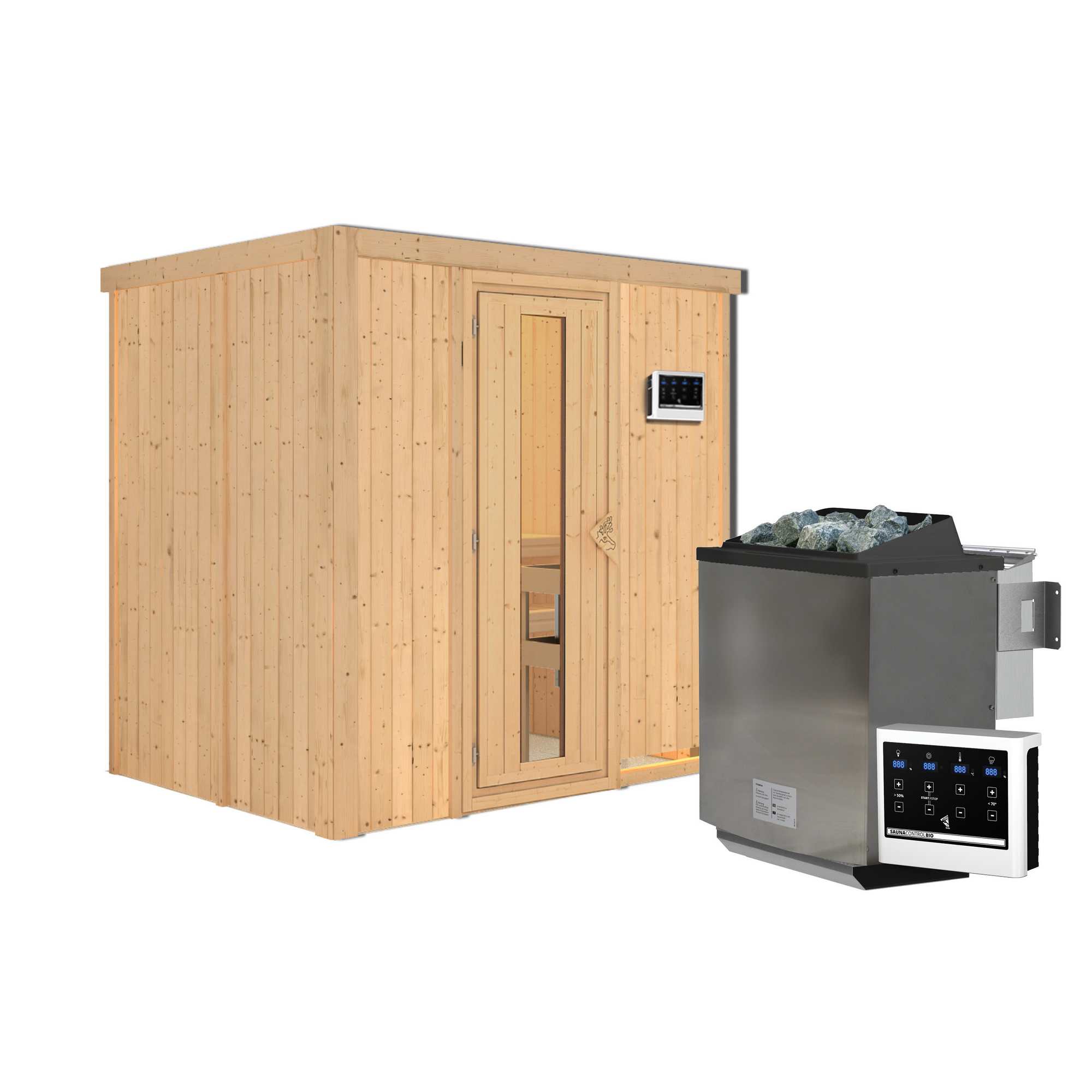 Elementsauna 'Aitana' naturbelassen mit Energiespartür 9 kW Bio-Ofen externe Steuerung Easy 196 x 151 x 198 cm