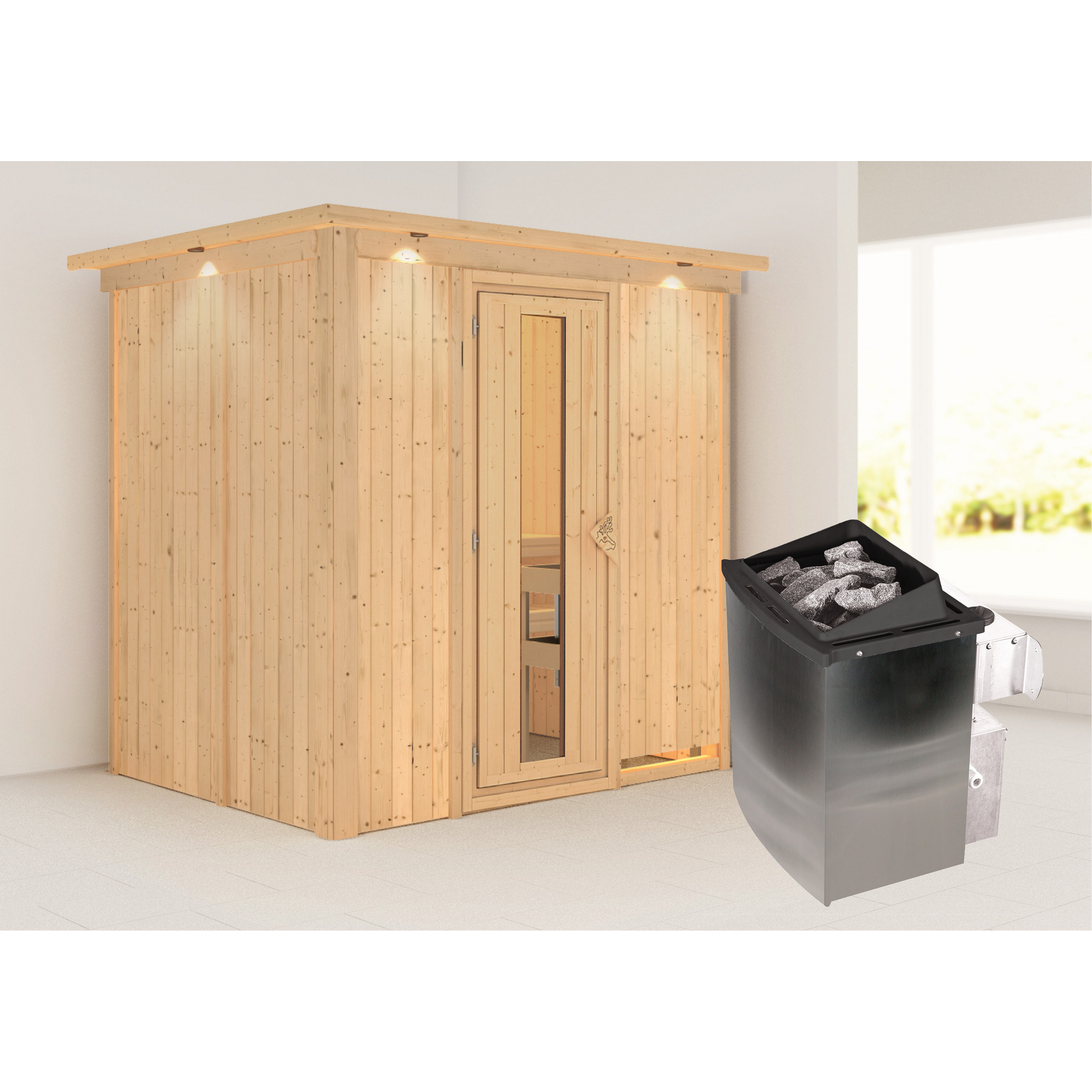 Sauna aus hellem Holz mit Saunaofen