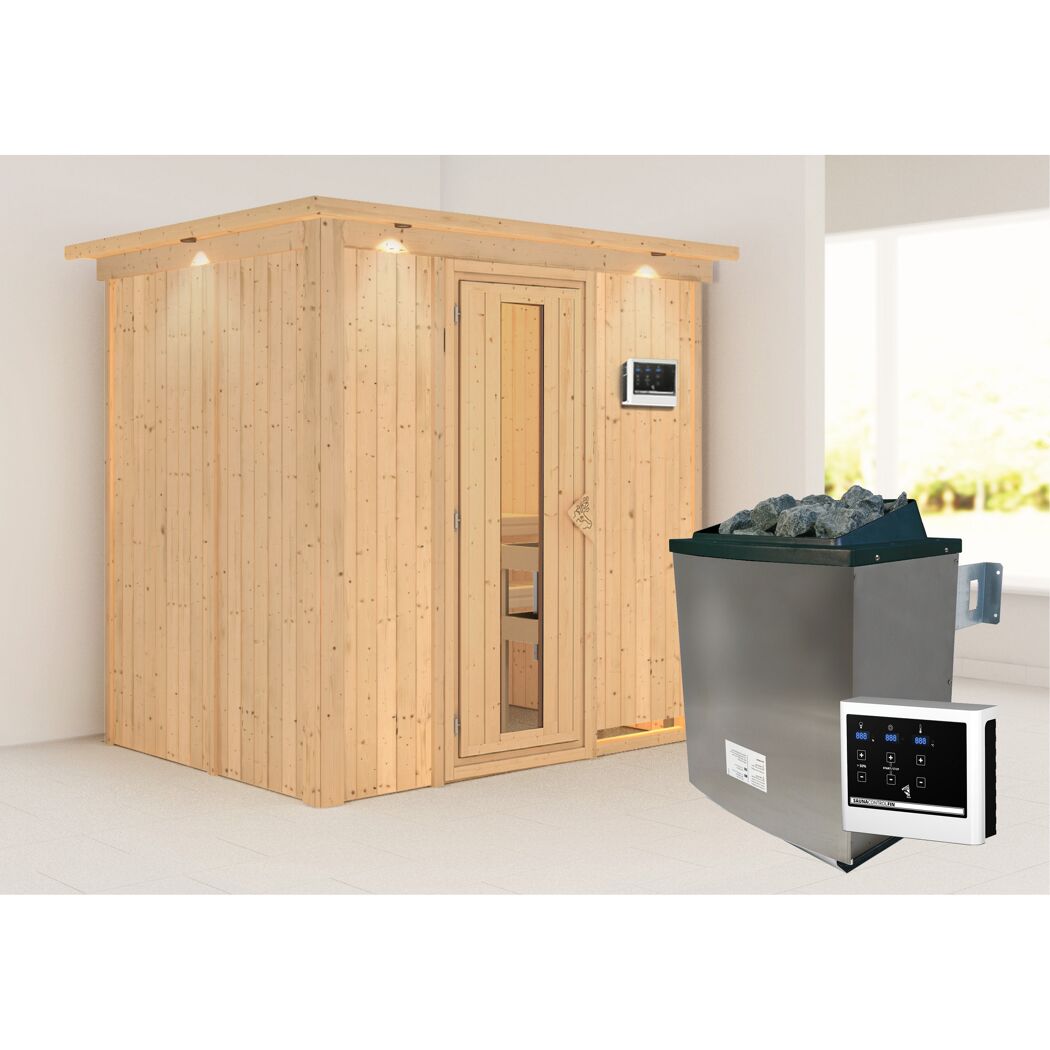 Sauna aus hellem Holz mit Saunaofen