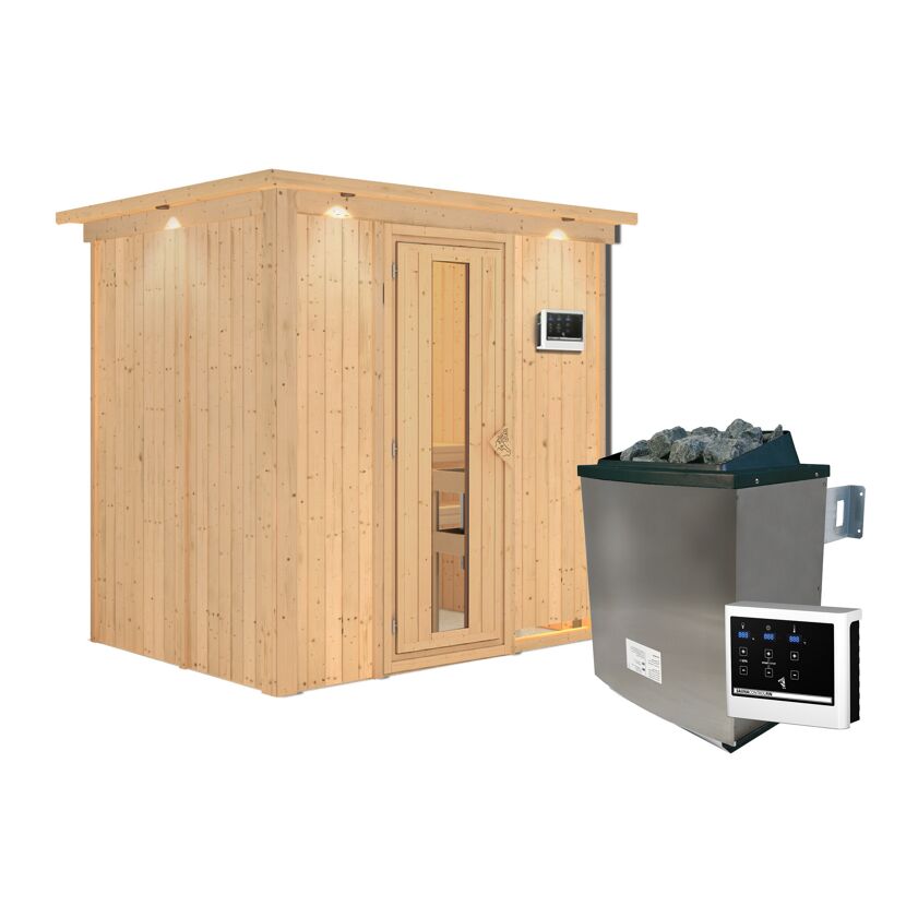 Sauna aus hellem Holz mit Saunaofen