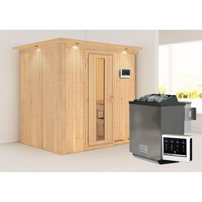 Sauna aus hellem Holz mit Saunaofen