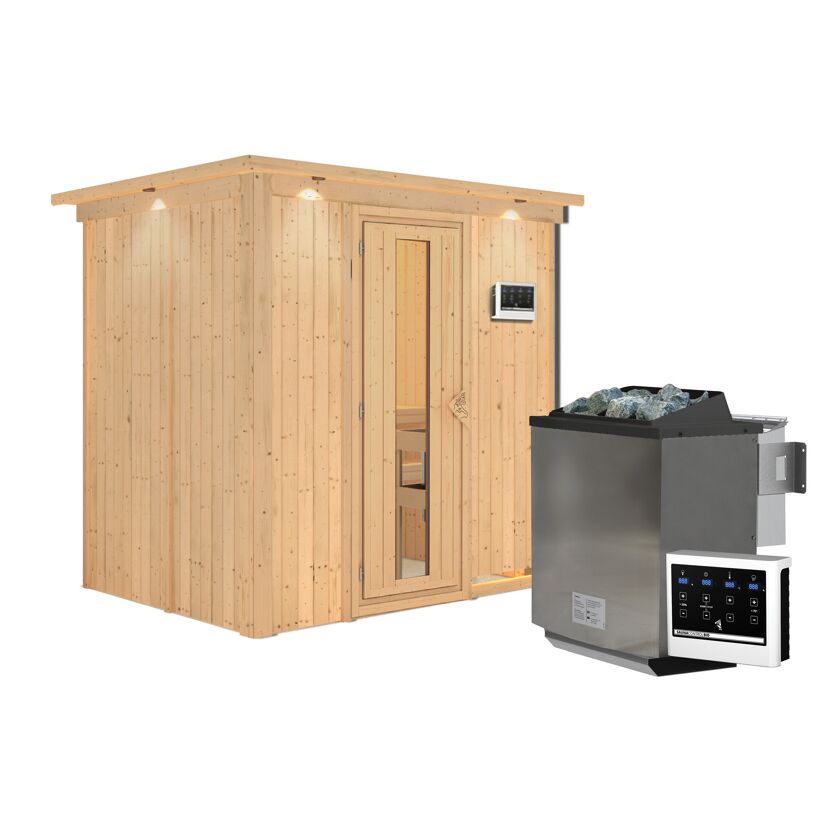 Außenansicht einer Sauna aus hellem Holz mit Saunaofen