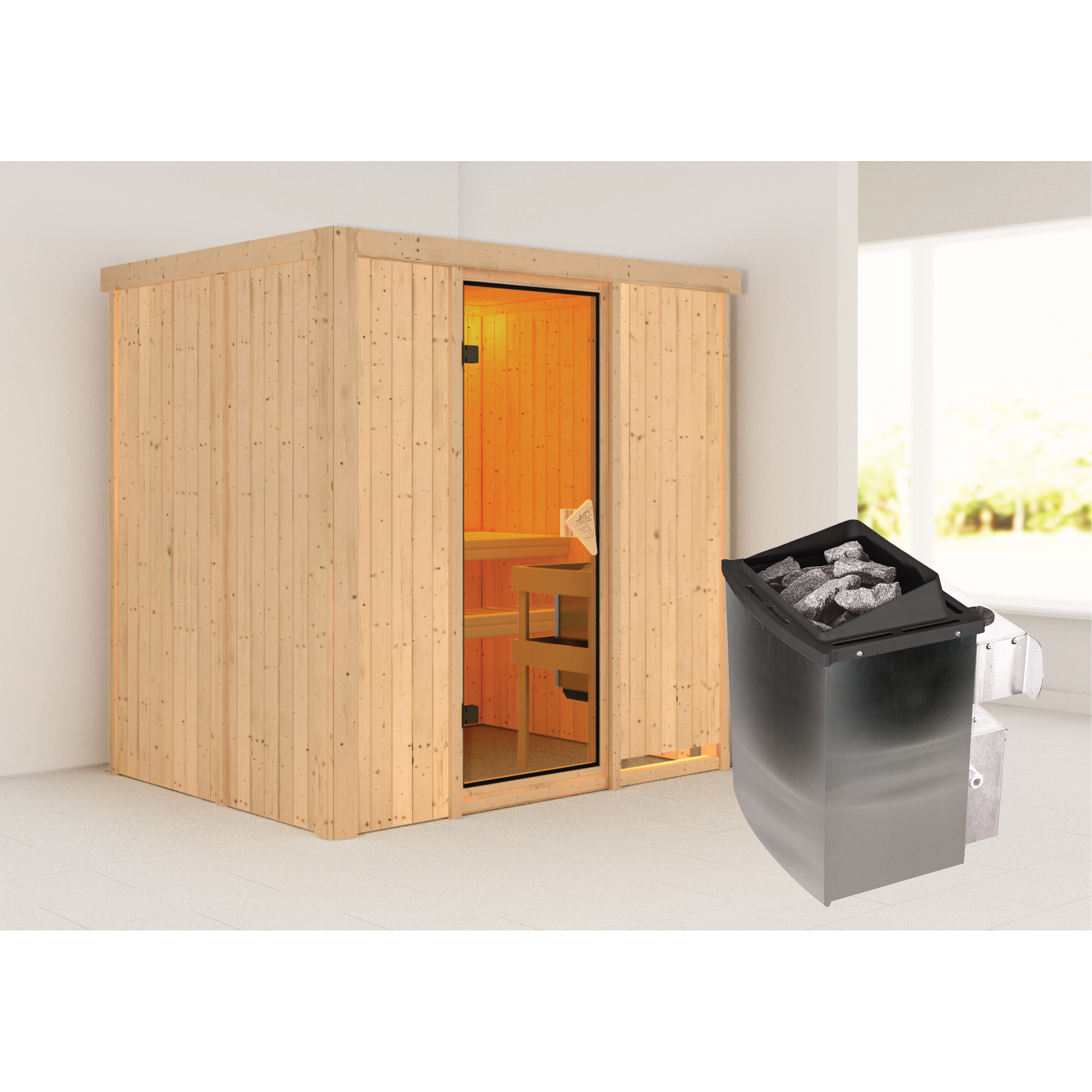 Elementsauna 'Aitana' naturbelassen mit bronzierter Tür 9 kW Ofen Edelstahl integrierte Steuerung 196 x 151 x 198 cm