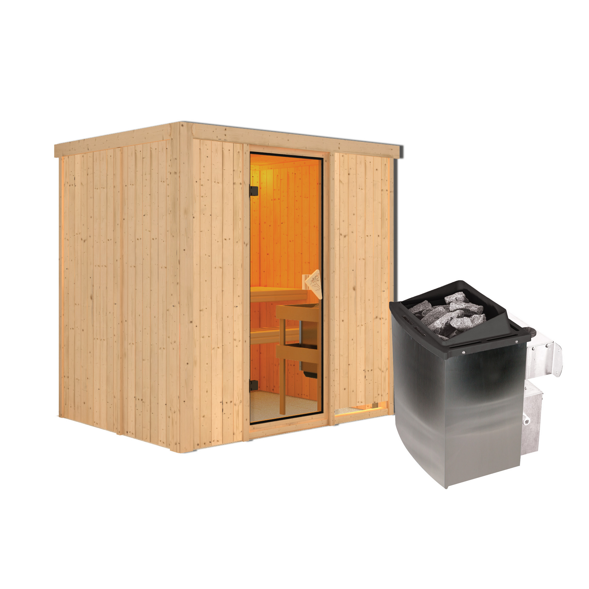 Elementsauna 'Aitana' naturbelassen mit bronzierter Tür 9 kW Ofen Edelstahl integrierte Steuerung 196 x 151 x 198 cm