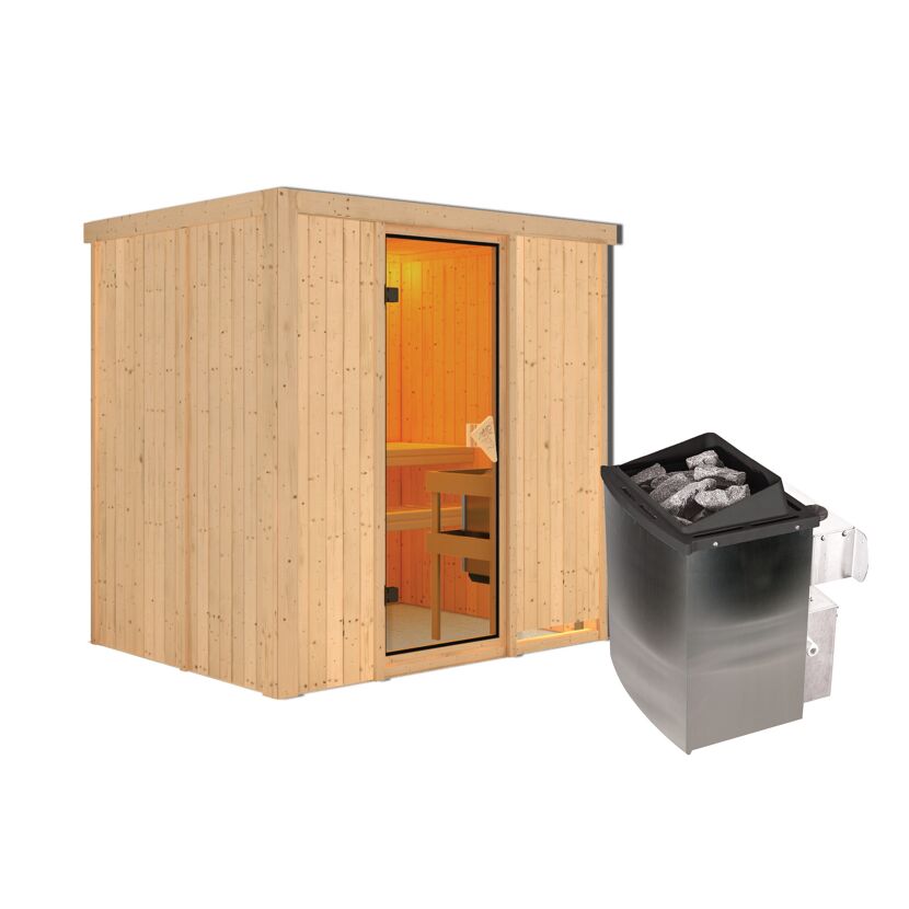 Elementsauna 'Aitana' naturbelassen mit bronzierter Tür 9 kW Ofen Edelstahl integrierte Steuerung 196 x 151 x 198 cm