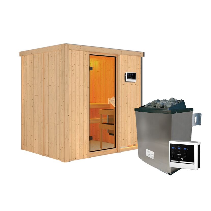 Elementsauna 'Aitana' naturbelassen mit bronzierter Tür 9 kW Ofen Edelstahl externe Steuerung Easy 196 x 151 x 198 cm