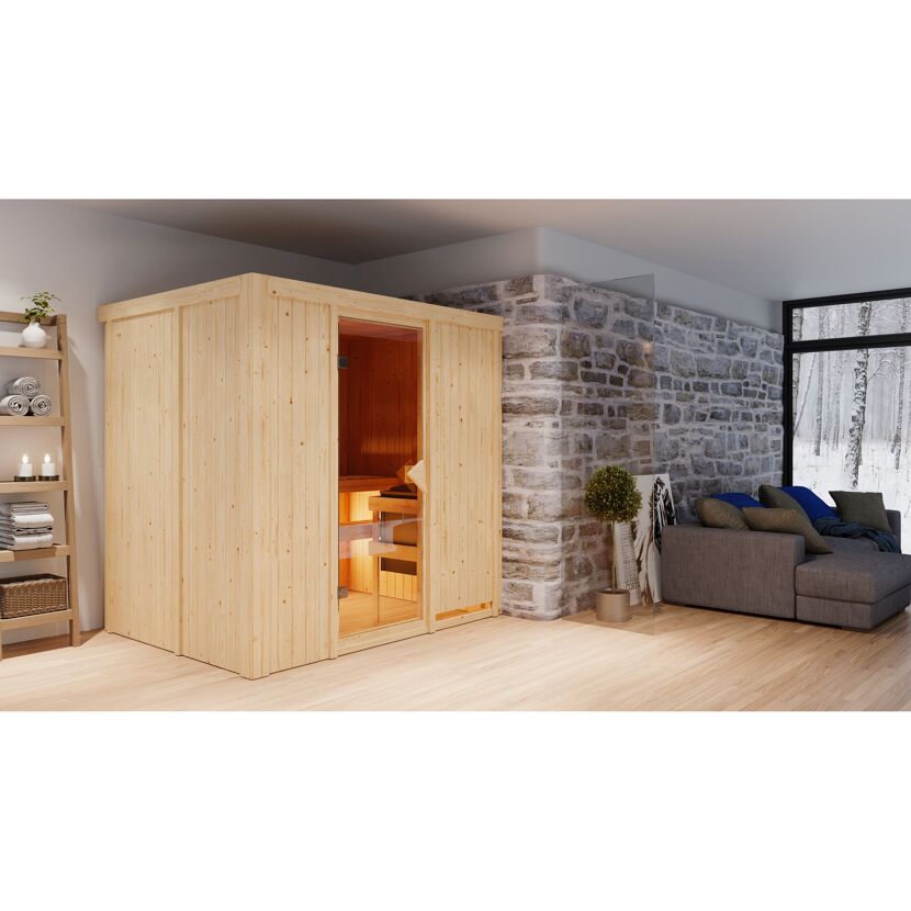 Elementsauna 'Aitana' naturbelassen mit bronzierter Tür 9 kW Bio-Ofen Edelstahl externe Steuerung Easy 196 x 151 x 198 cm