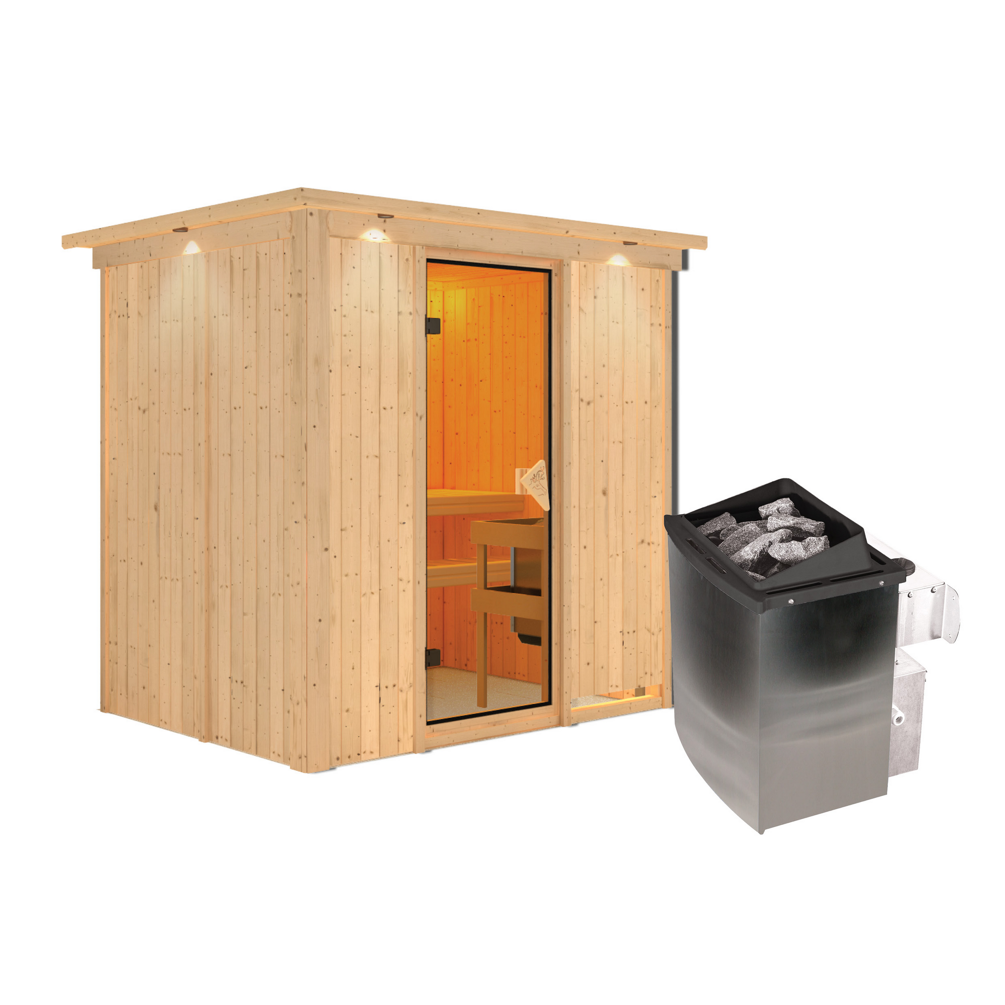 Sauna aus hellem Holz mit Saunaofen