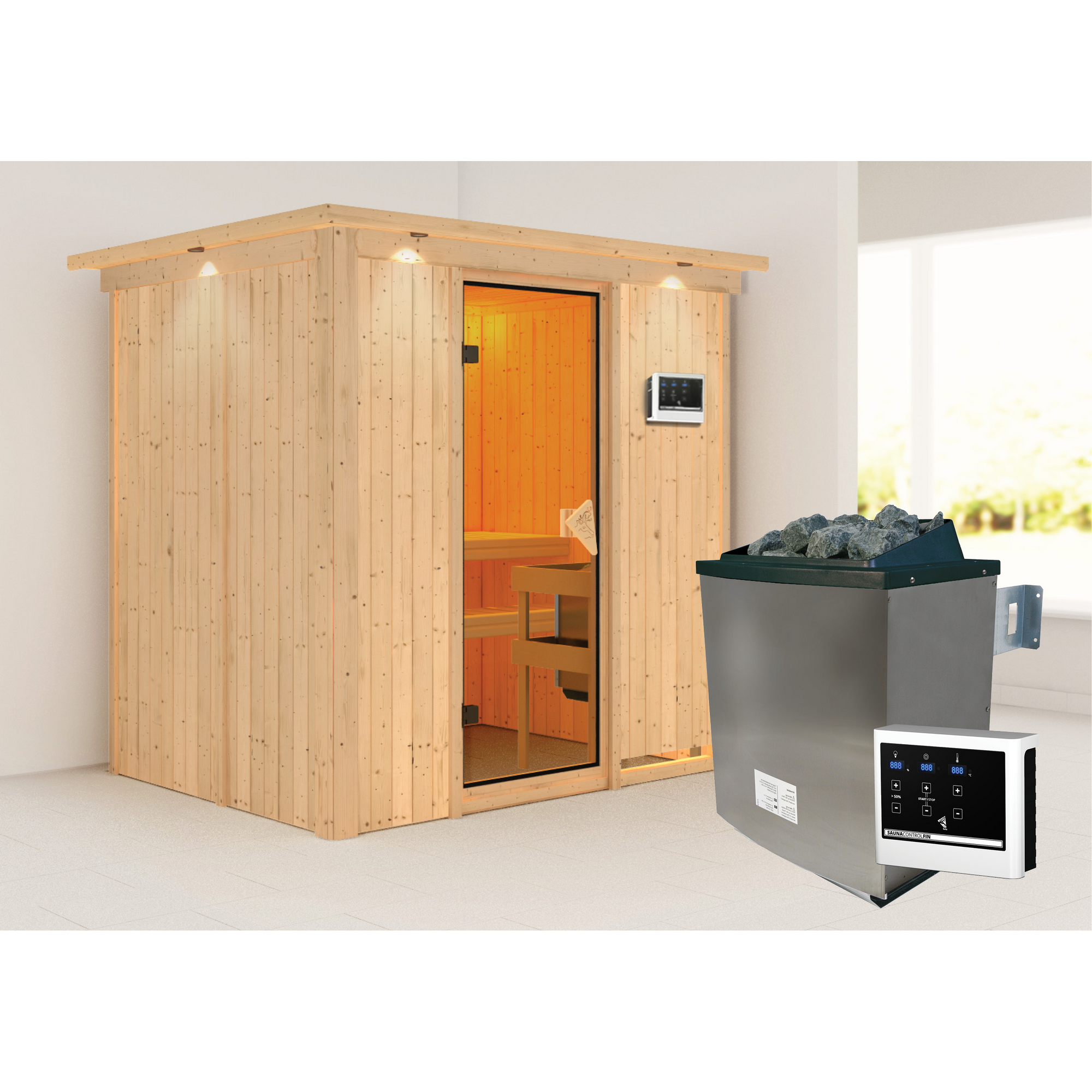 Elementsauna 'Aitana' naturbelassen mit Kranz 9 kW Ofen Edelstahl externe Steuerung Easy 210 x 165 x 202 cm