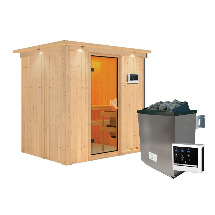 Elementsauna 'Aitana' naturbelassen mit Kranz 9 kW Ofen Edelstahl externe Steuerung Easy 210 x 165 x 202 cm
