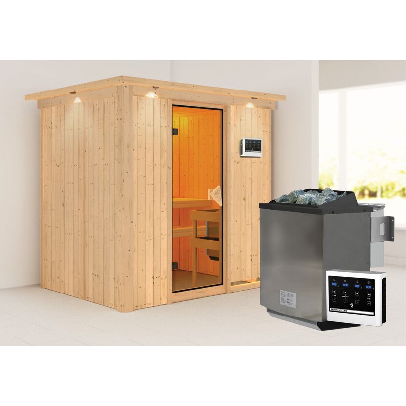 Sauna aus hellem Holz mit Saunaofen