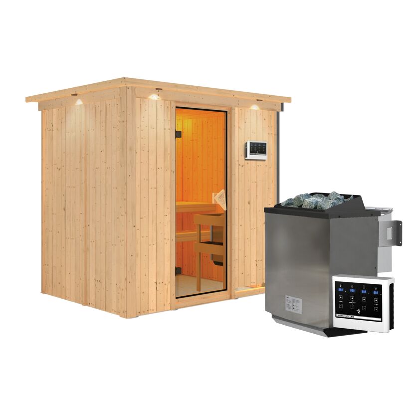 Sauna aus Holz mit Saunaofen