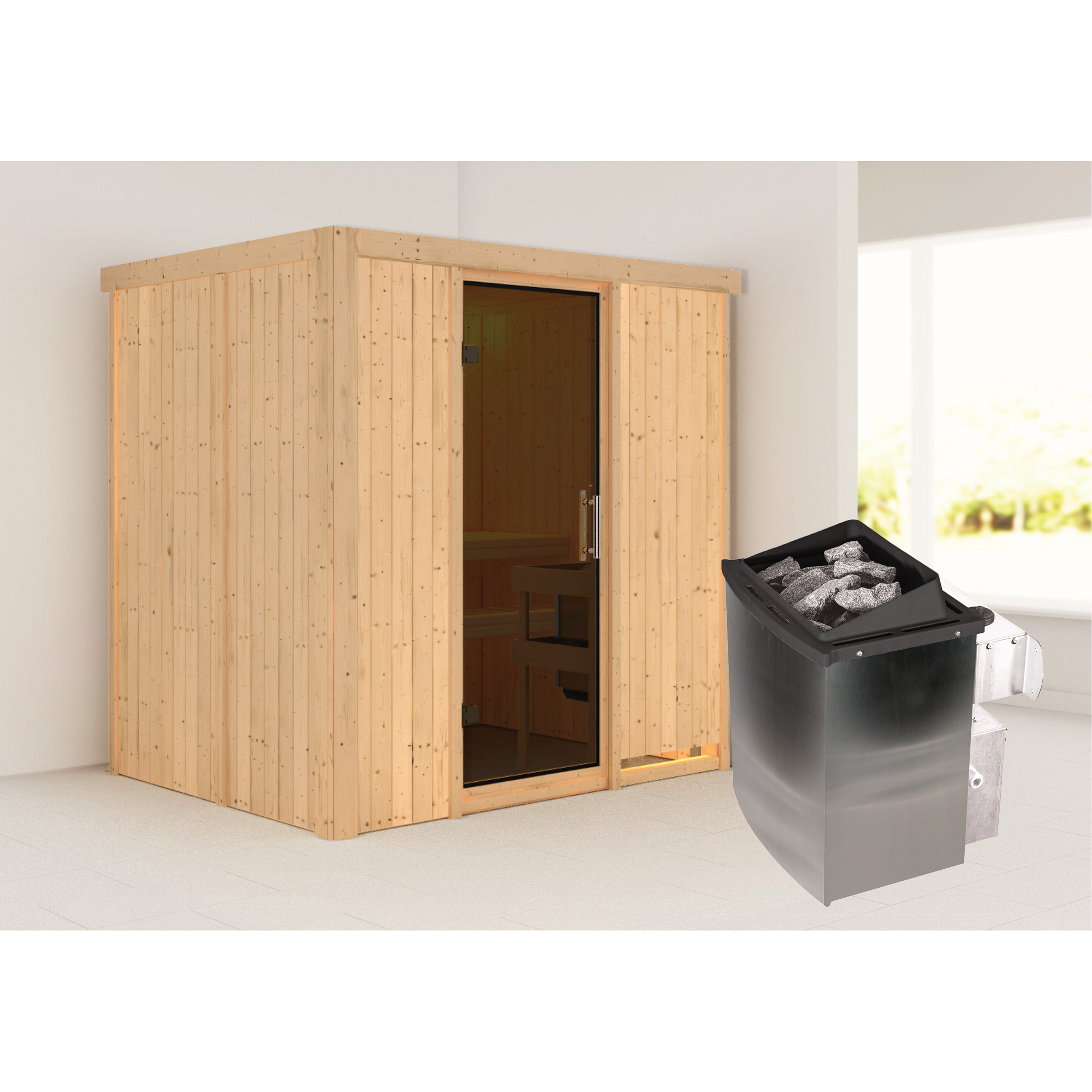 Elementsauna 'Aitana' naturbelassen mit graphitfarbener Tür naturbelassen 9 kW Ofen integrierte Steuerung 196 x 151 x 198 cm + product picture