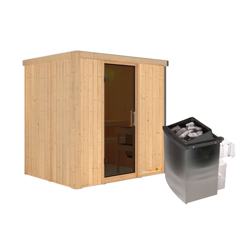 Elementsauna 'Aitana' naturbelassen mit graphitfarbener Tür naturbelassen 9 kW Ofen integrierte Steuerung 196 x 151 x 198 cm