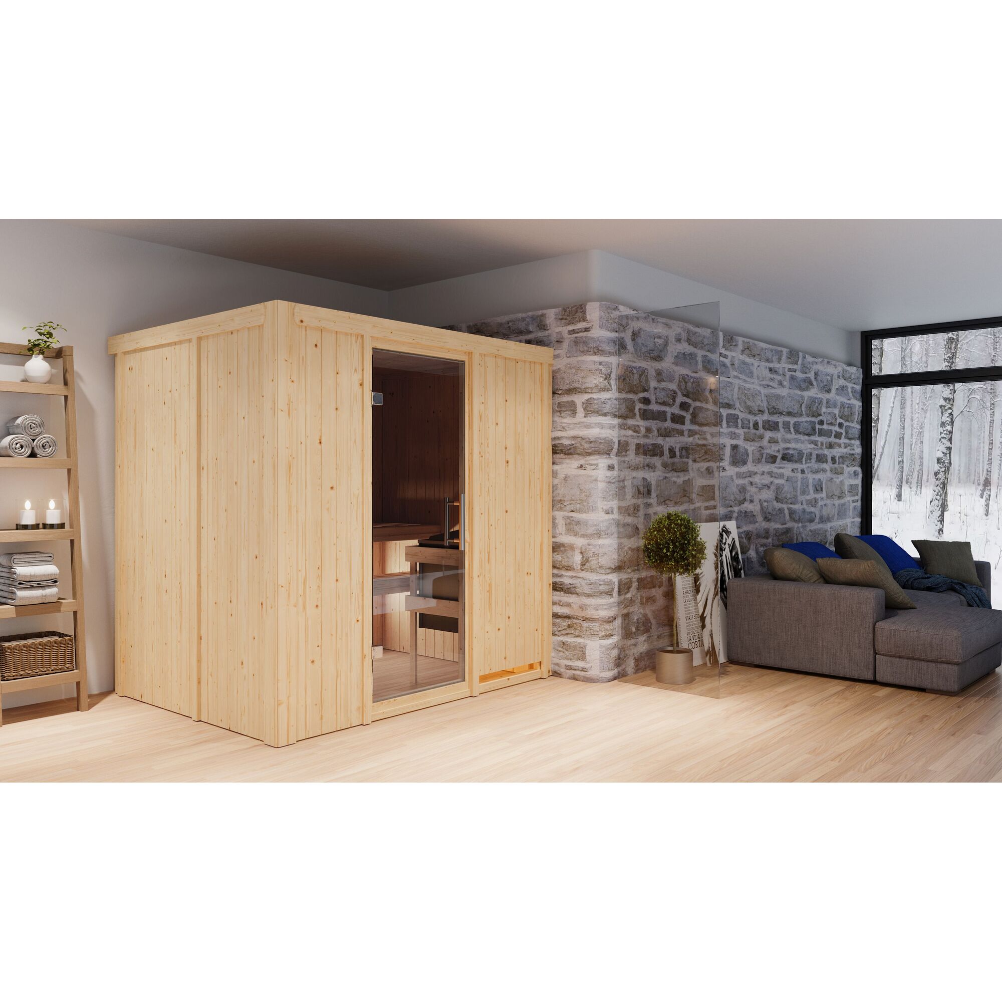 Sauna aus hellem Holz in einem Raum.