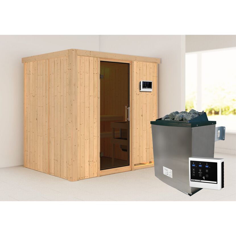 Sauna aus hellem Holz mit Saunaofen