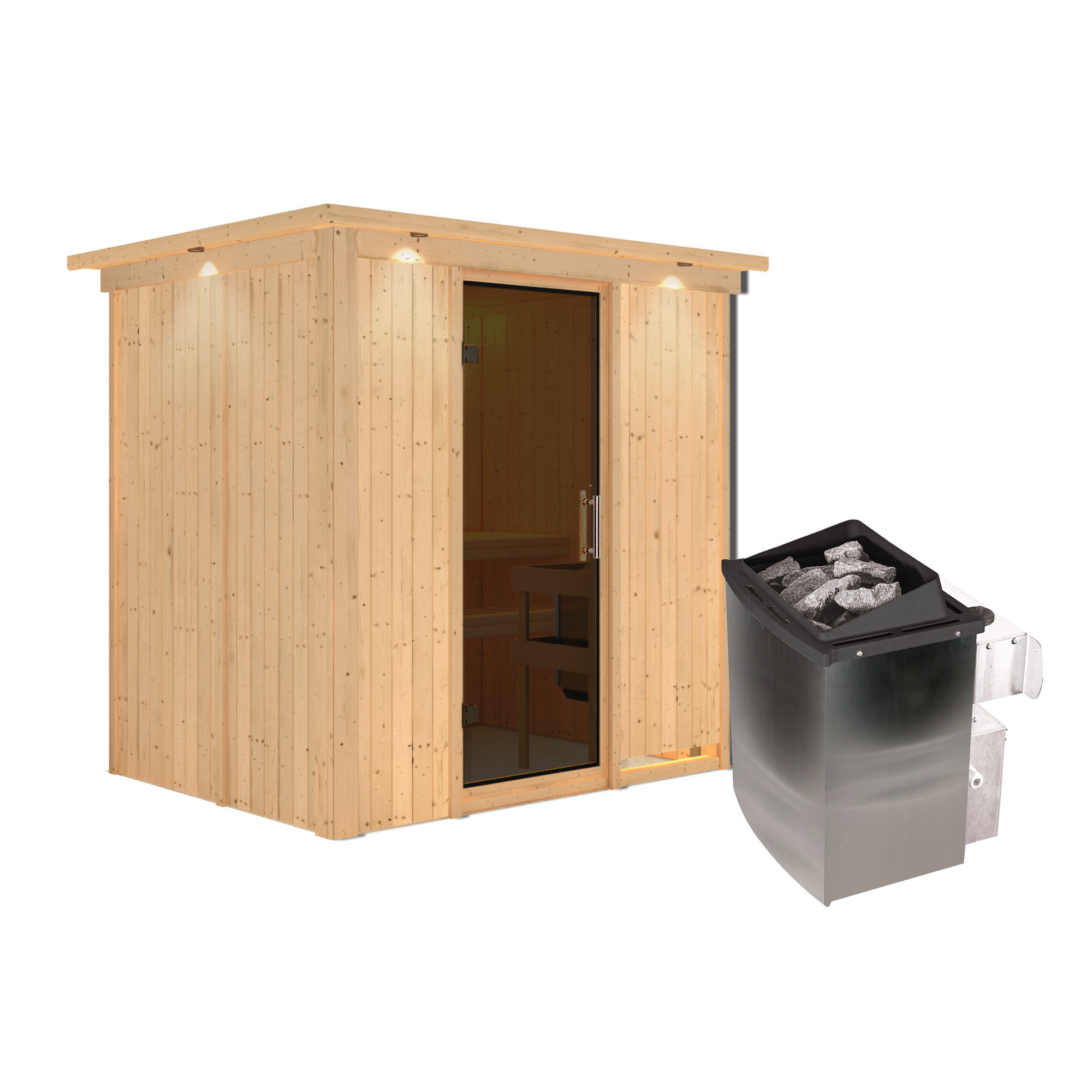 Elementsauna 'Aitana' naturbelassen mit Kranz und graphitfarbener Tür 9 kW Ofen integrierte Steuerung 210 x 165 x 202 cm + product picture