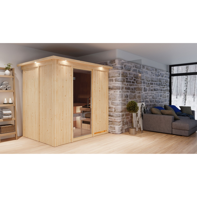 Bild von Elementsauna 'Aitana' naturbelassen mit Kranz und graphitfarbener Tür 9 kW Ofen externe Steuerung Easy 210 x 165 x 202 cm