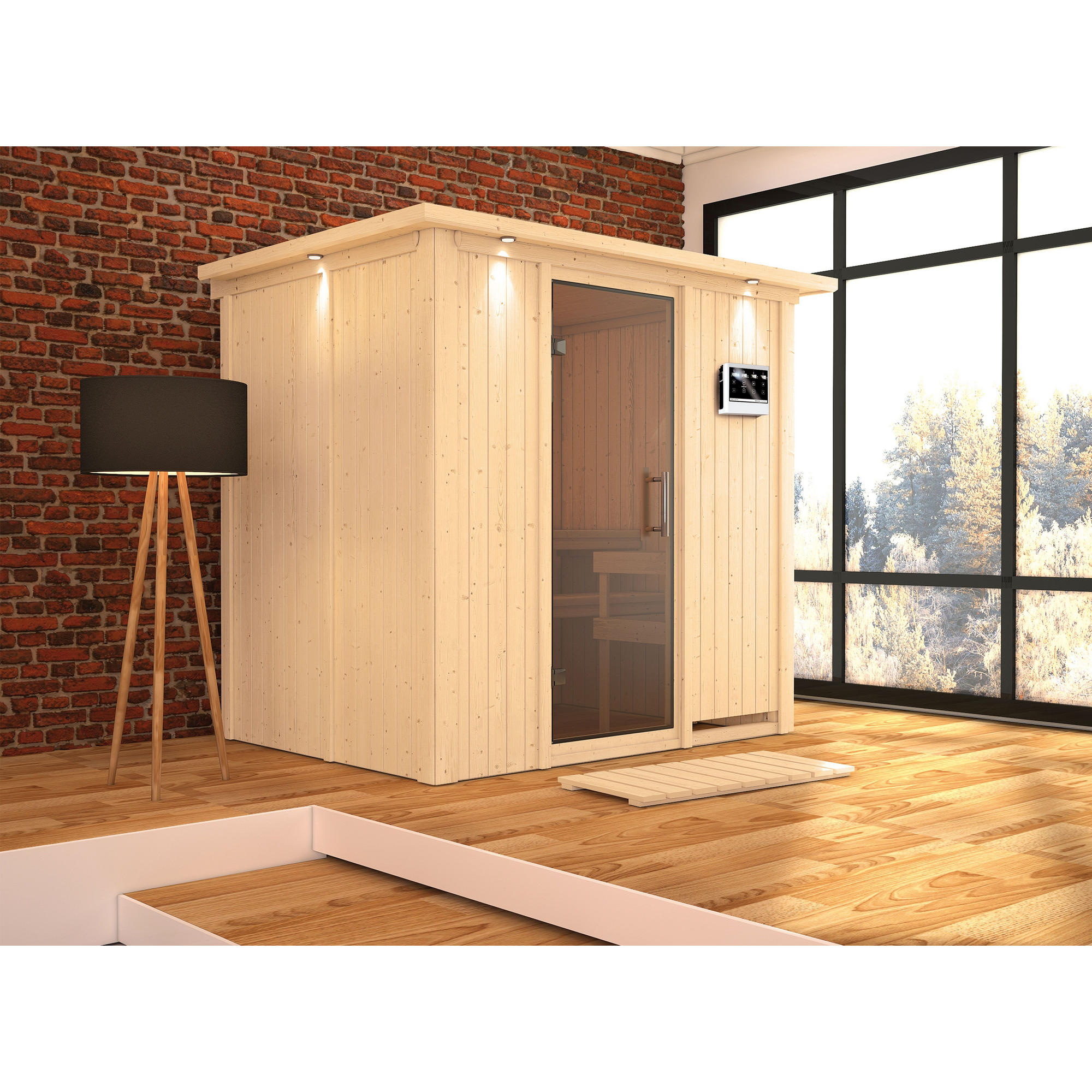 Elementsauna 'Aitana' naturbelassen mit Kranz und graphitfarbener Tür 9 kW Bio-Ofen externe Steuerung Easy 210 x 165 x 202 cm + product picture