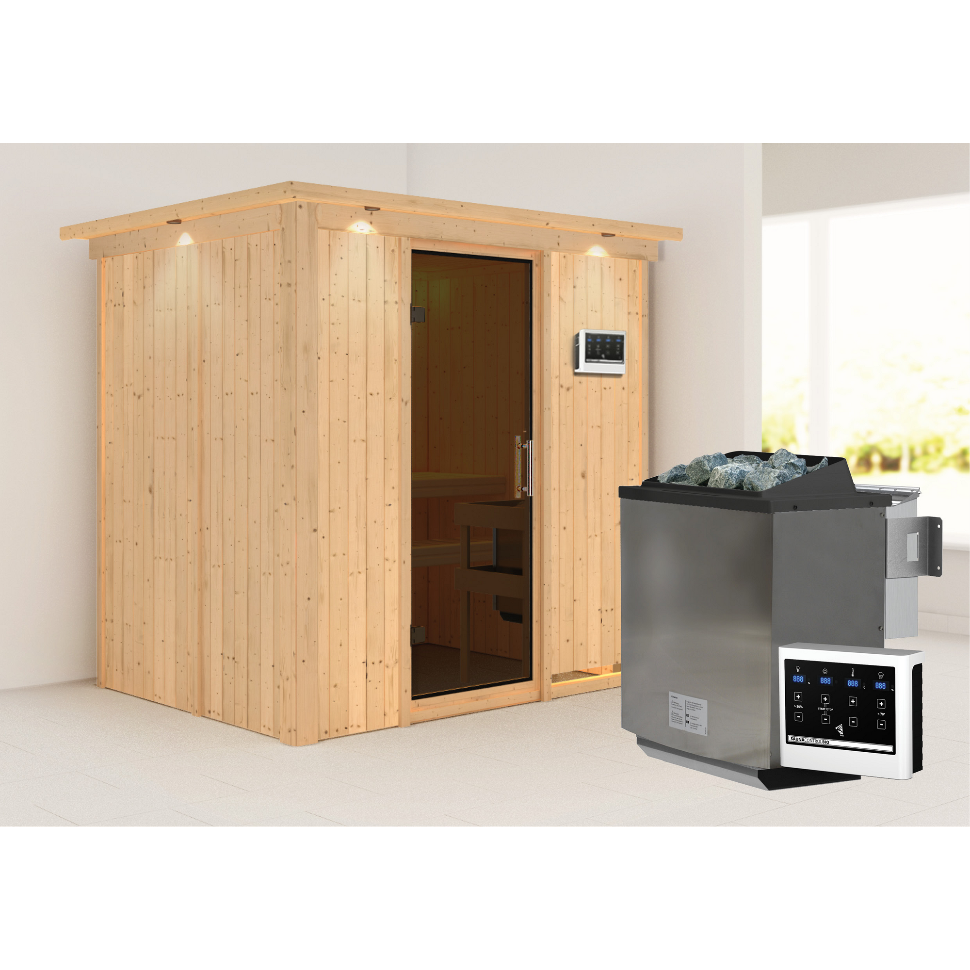 Elementsauna 'Aitana' naturbelassen mit Kranz und graphitfarbener Tür 9 kW Bio-Ofen externe Steuerung Easy 210 x 165 x 202 cm + product picture