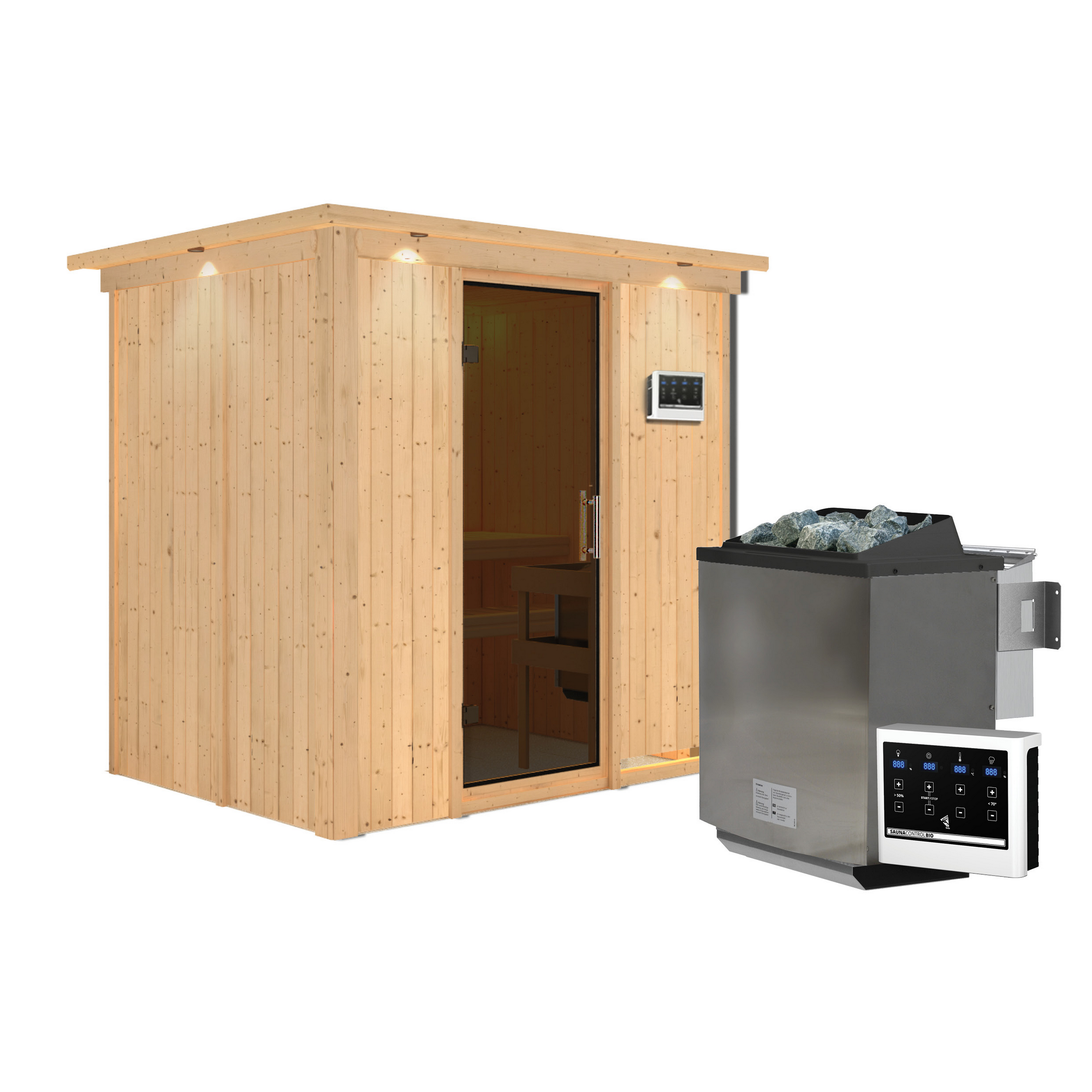 Elementsauna 'Aitana' naturbelassen mit Kranz und graphitfarbener Tür 9 kW Bio-Ofen externe Steuerung Easy 210 x 165 x 202 cm + product picture