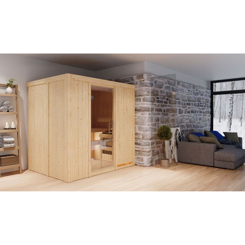 Elementsauna 'Aitana' naturbelassen mit Klarglastür 9 kW Ofen integrierte Steuerung 196 x 151 x 198 cm