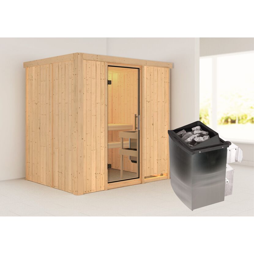 Elementsauna 'Aitana' naturbelassen mit Klarglastür 9 kW Ofen integrierte Steuerung 196 x 151 x 198 cm
