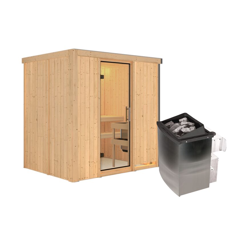 Elementsauna 'Aitana' naturbelassen mit Klarglastür 9 kW Ofen integrierte Steuerung 196 x 151 x 198 cm