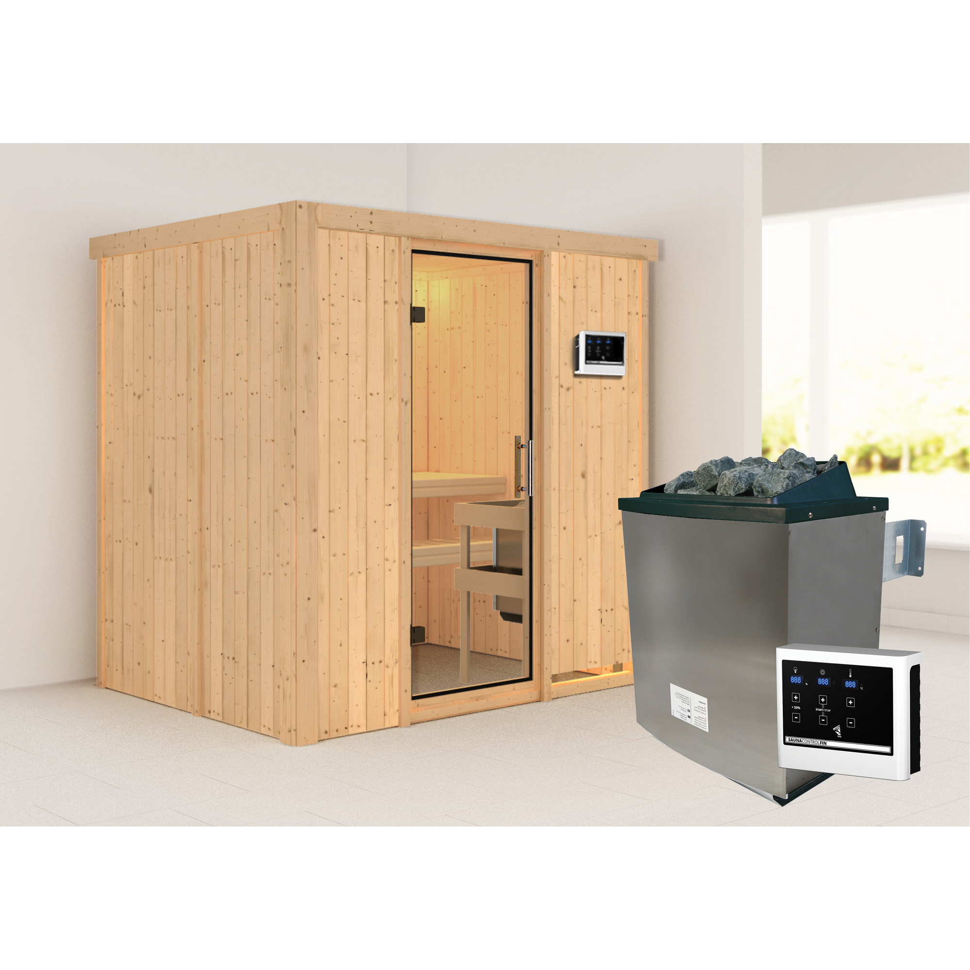 Elementsauna 'Aitana' naturbelassen mit Klarglastür 9 kW Ofen externe Steuerung easy 196 x 151 x 198 cm + product picture