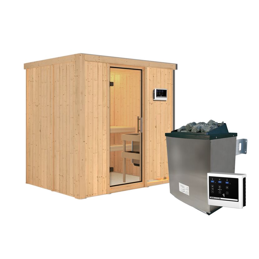 Sauna aus hellem Holz mit Saunaofen