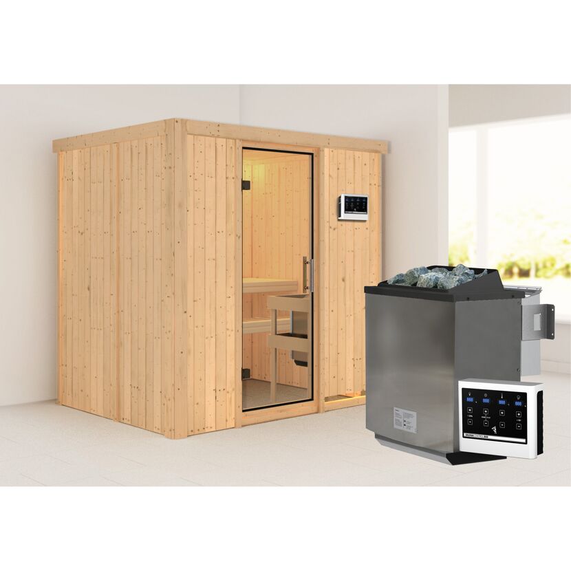 Sauna aus hellem Holz mit Saunaofen