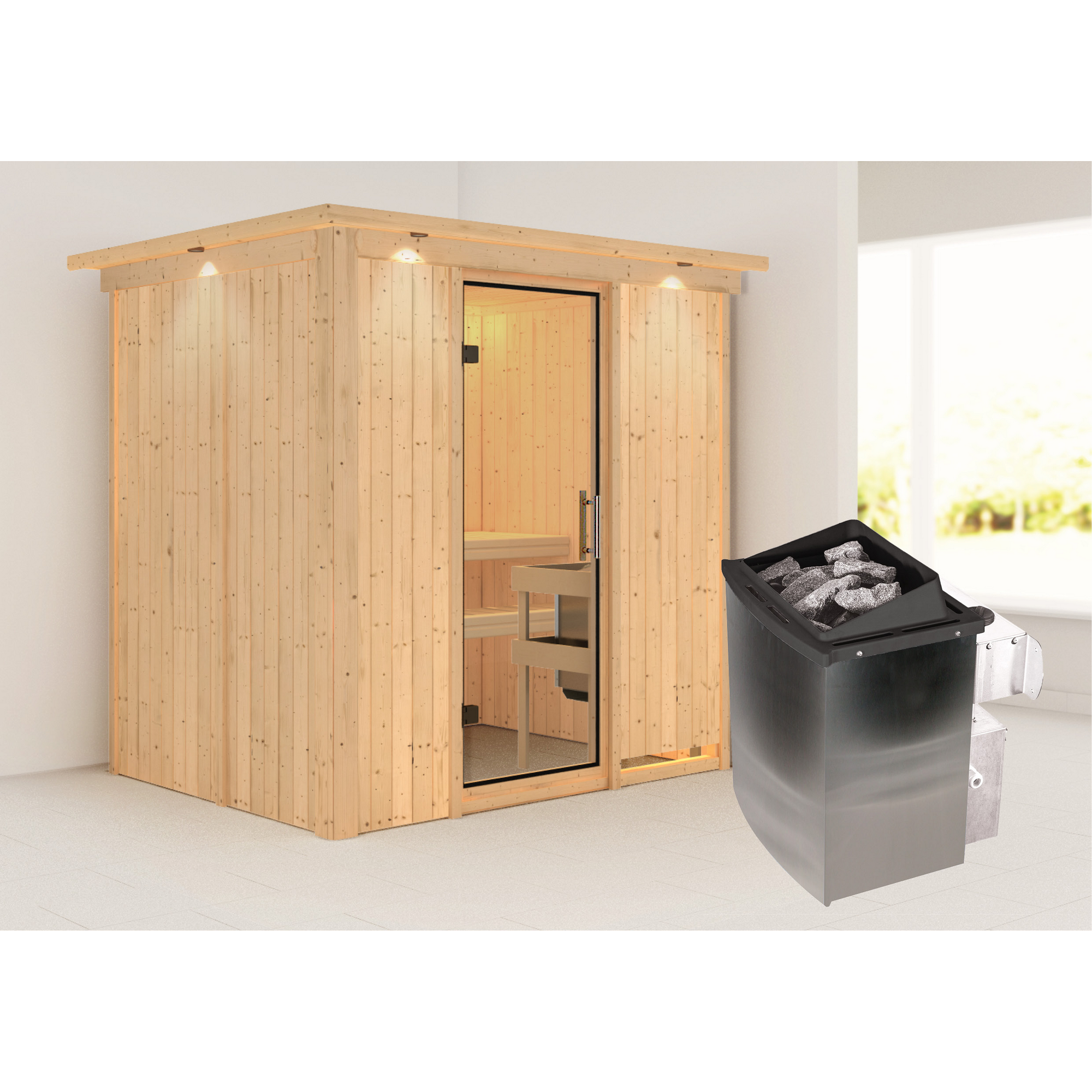 Elementsauna 'Aitana' naturbelassen mit Kranz und Klarglastür 9 kW Ofen integrierte Steuerung 210 x 165 x 202 cm