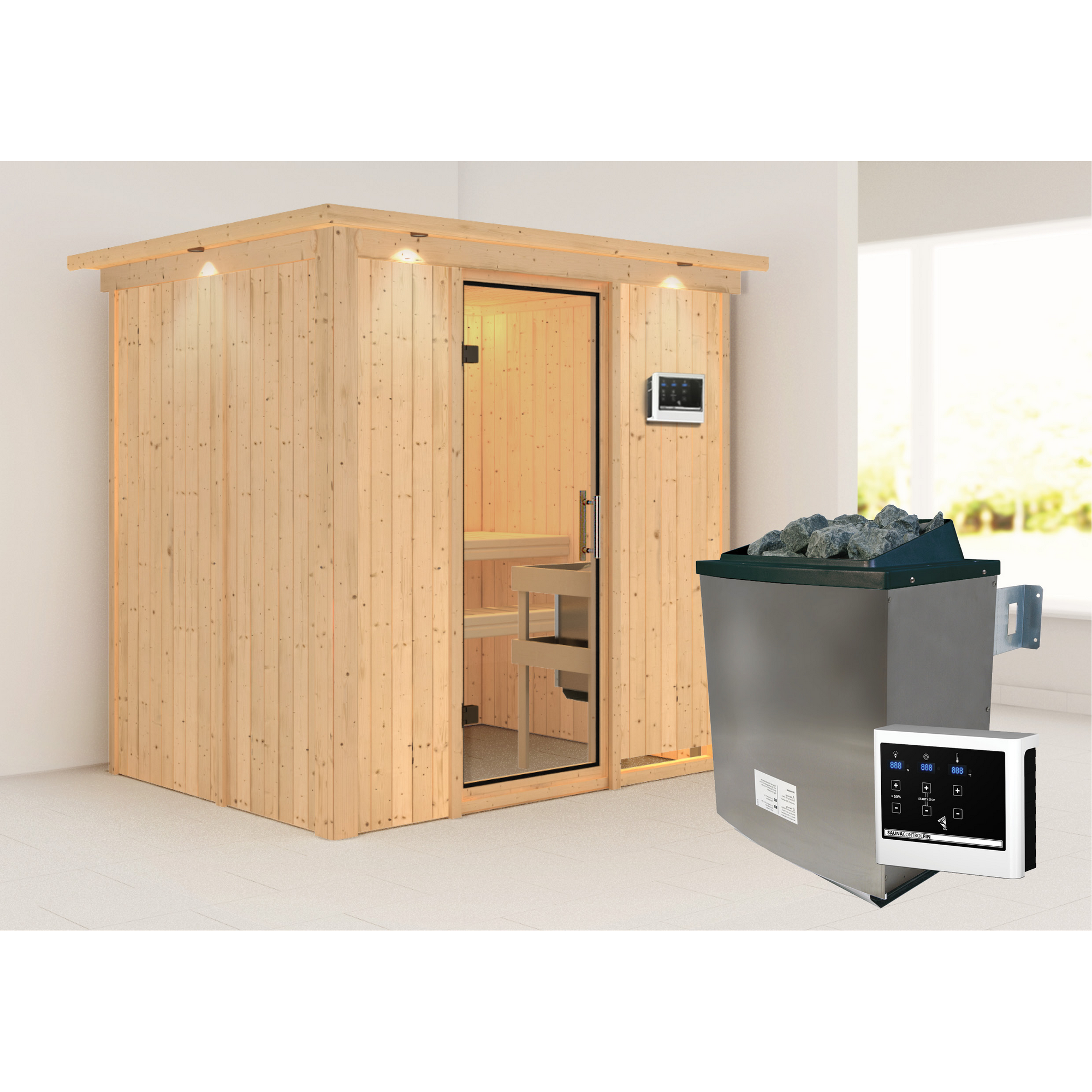 Elementsauna 'Aitana' naturbelassen mit Kranz und Klarglastür 9 kW Ofen externe Steuerung easy 210 x 165 x 202 cm + product picture