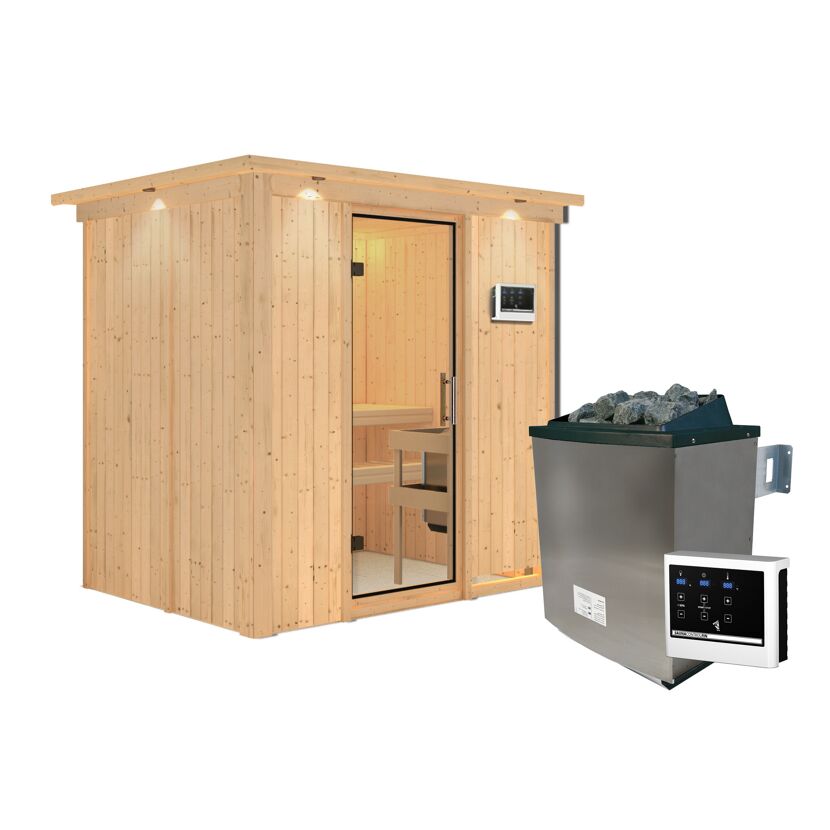 Sauna aus hellem Holz mit Saunaofen