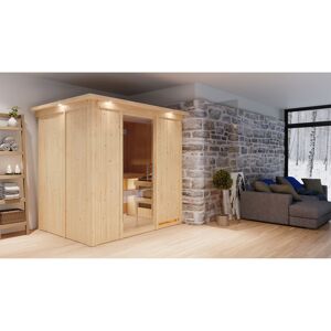 Elementsauna 'Aitana' naturbelassen mit Kranz und Klarglastür 9 kW Bio-Ofen externe Steuerung easy 210 x 165 x 202 cm