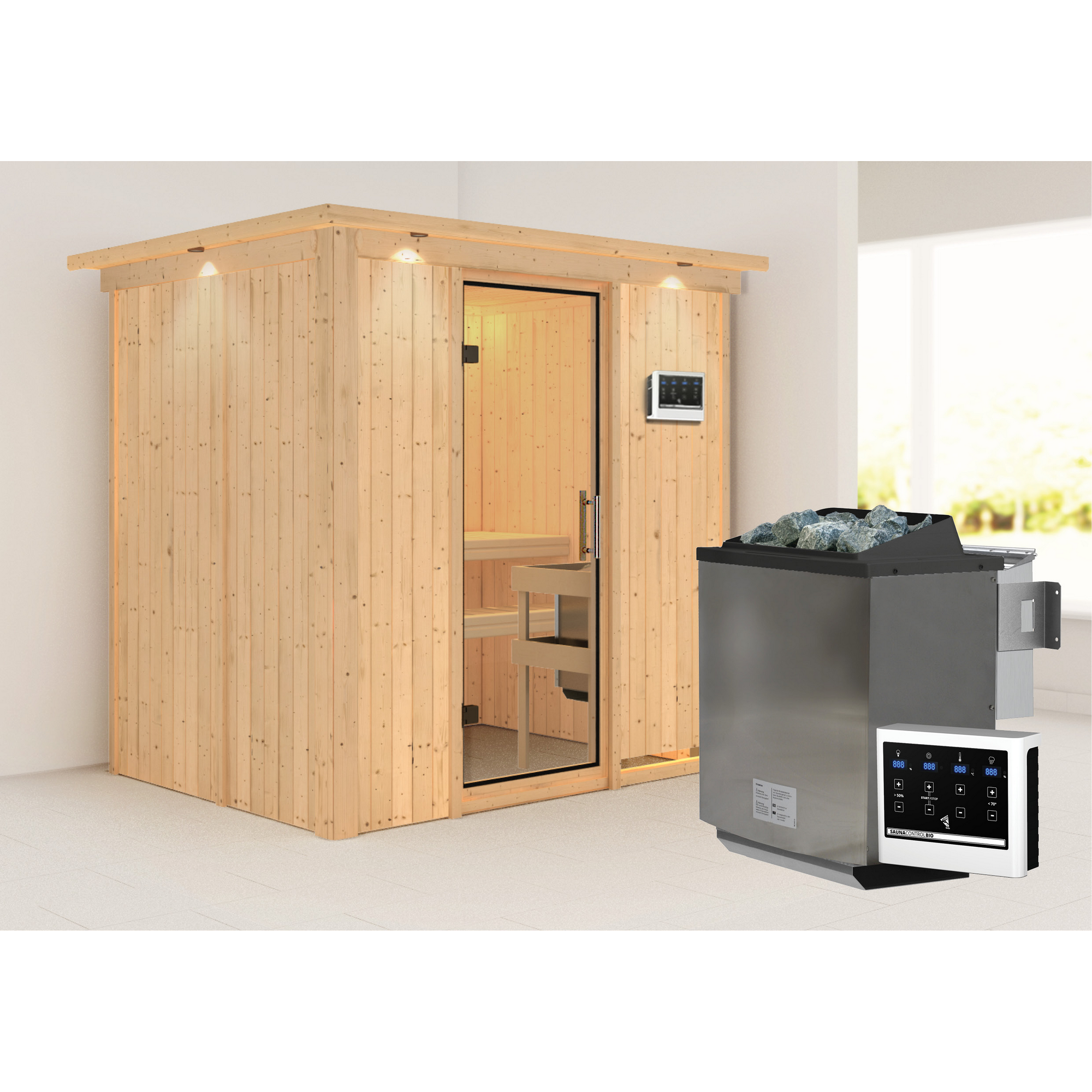 Sauna aus hellem Holz mit Saunaofen
