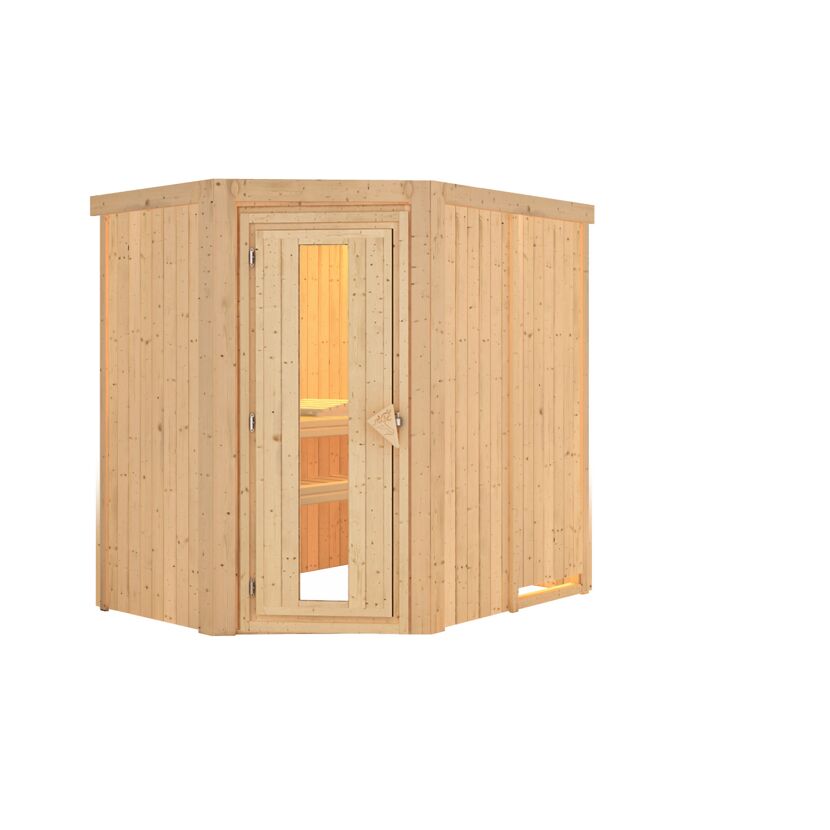 Eck-Sauna aus hellem Holz mit geöffneter Tür.