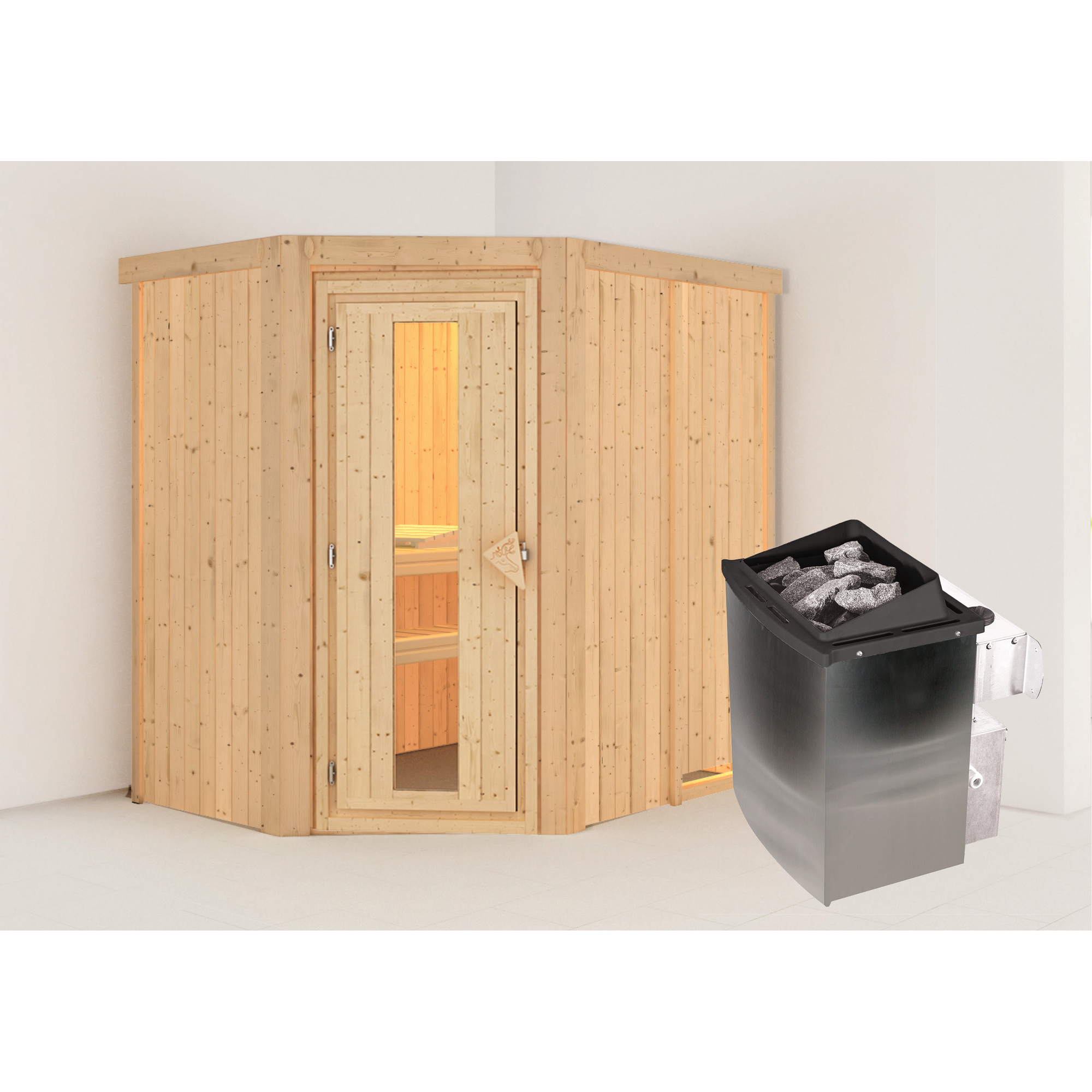 Ecksauna Alba aus Holz mit Saunaofen