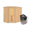 Eck-Sauna aus hellem Holz mit Saunaofen